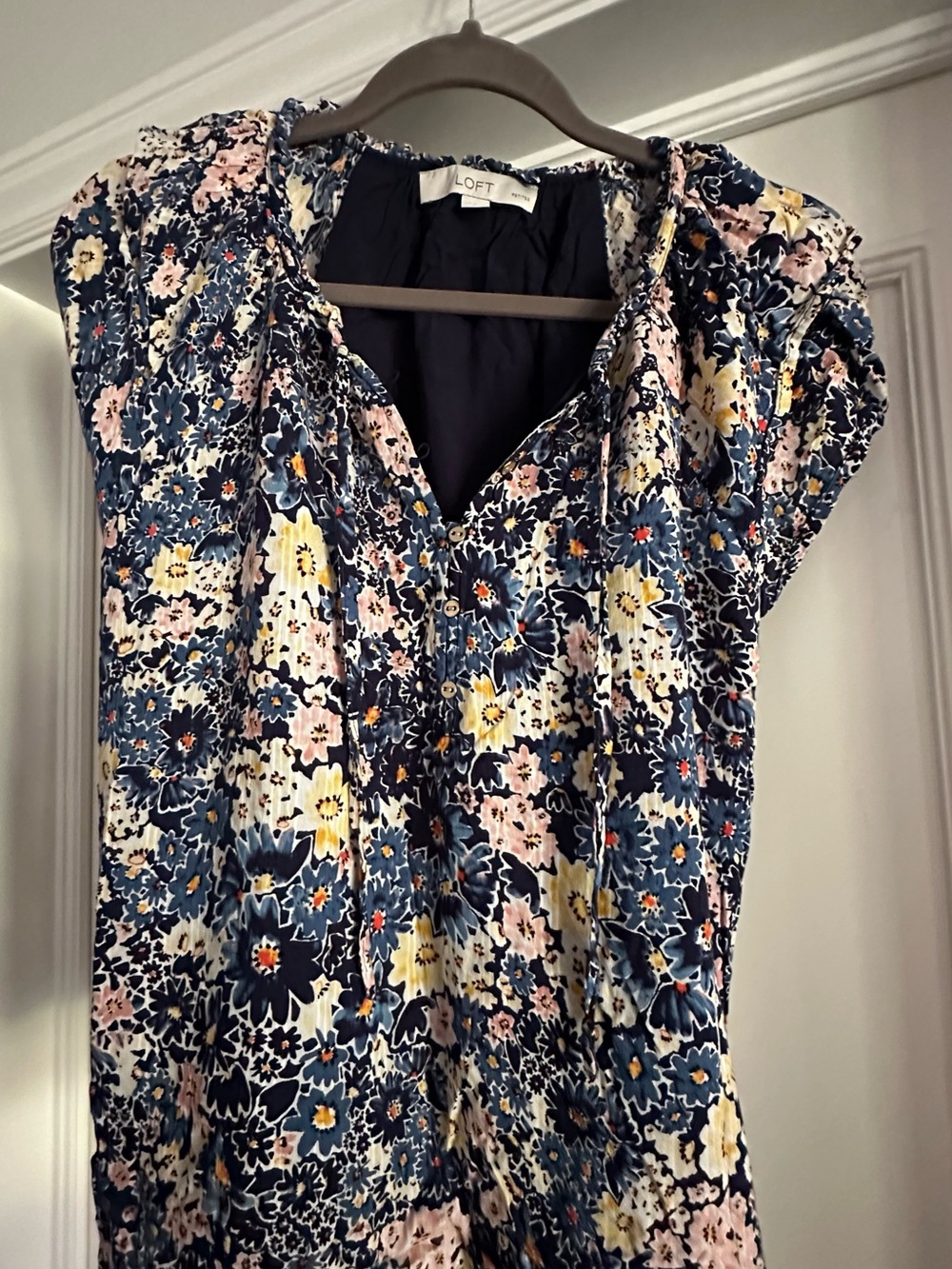LOFT Navy Floral Cap Sleeve V-Neck Blouse